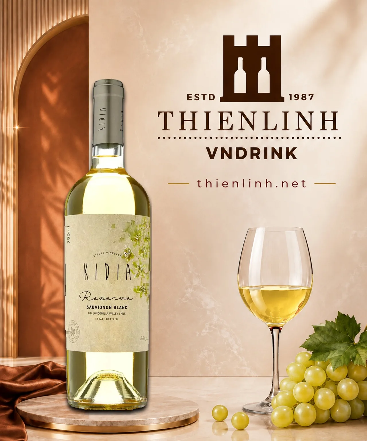 Chai rượu vang trắng Kidia Reserva Sauvignon Blanc, vang Chile 13% từ Loncomilla Valley – Thiên Linh VNDrink