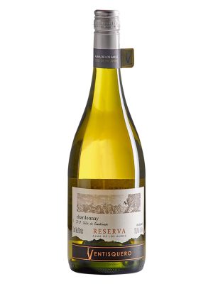 Chai rượu vang trắng Ventisquero Reserva Chardonnay, nhãn trắng tranh núi, nắp bạc