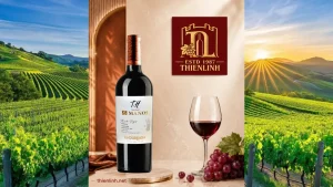 Chai rượu vang đỏ Undurraga TH 68 Manos Carmenere Cauquenes, nhãn trắng chữ T.H., nắp đồng cam trên nền vườn nho