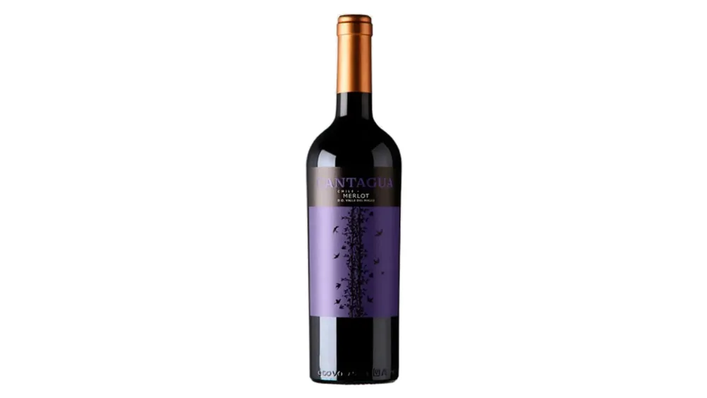 Chai rượu vang đỏ Cantagua Merlot làm từ giống nho Merlot với nhãn tím và nắp cổ chai màu đồng