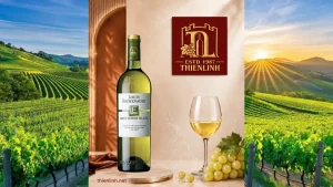 Ảnh đại diện rượu vang trắng Louis Eschenauer Sauvignon Blanc IGP Pays d'Oc nền vườn nho, ly vang trắng và chùm nho xanh