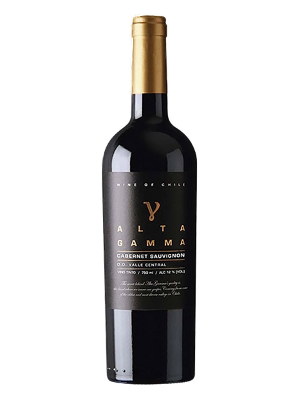 Chai rượu vang đỏ Alta Gamma Cabernet Sauvignon Central Valley Chile, nhãn đen chữ vàng, nắp vàng đồng
