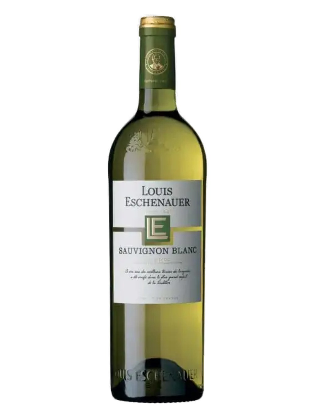Chai rượu vang trắng Louis Eschenauer Sauvignon Blanc IGP Pays d'Oc, nhãn trắng chữ LE, nắp xanh lá vàng