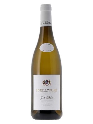 Chai rượu vang trắng J. de Villebois Pouilly-Fumé Sauvignon Blanc Loire Pháp, nhãn trắng huy hiệu sư tử, nắp trắng, nồng độ 13%