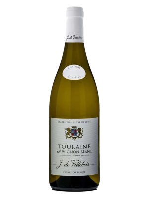 Chai rượu vang trắng J. de Villebois Touraine Sauvignon Blanc Val de Loire Pháp, nhãn trắng huy hiệu sư tử, nắp trắng, 12,5%