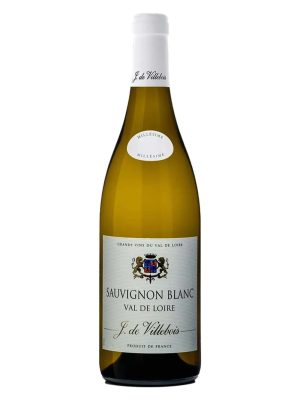 Chai rượu vang trắng J. de Villebois Sauvignon Blanc IGP Val de Loire Pháp, nhãn trắng huy hiệu sư tử, nắp trắng, 12,5%