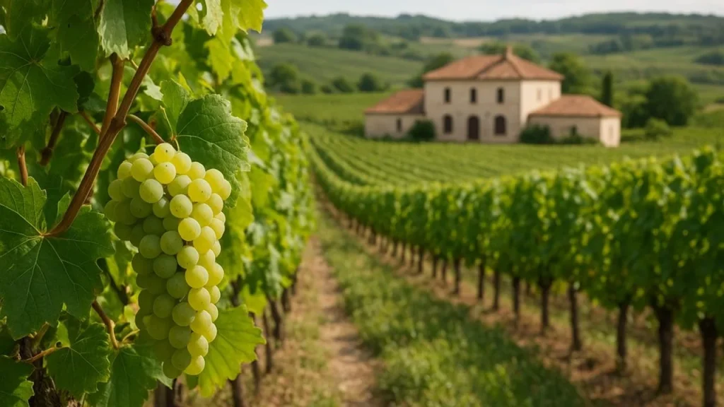 Chùm nho Sauvignon Blanc xanh sáng trên cây cạnh hàng nho và ngôi nhà đá mái ngói trong vườn nho
